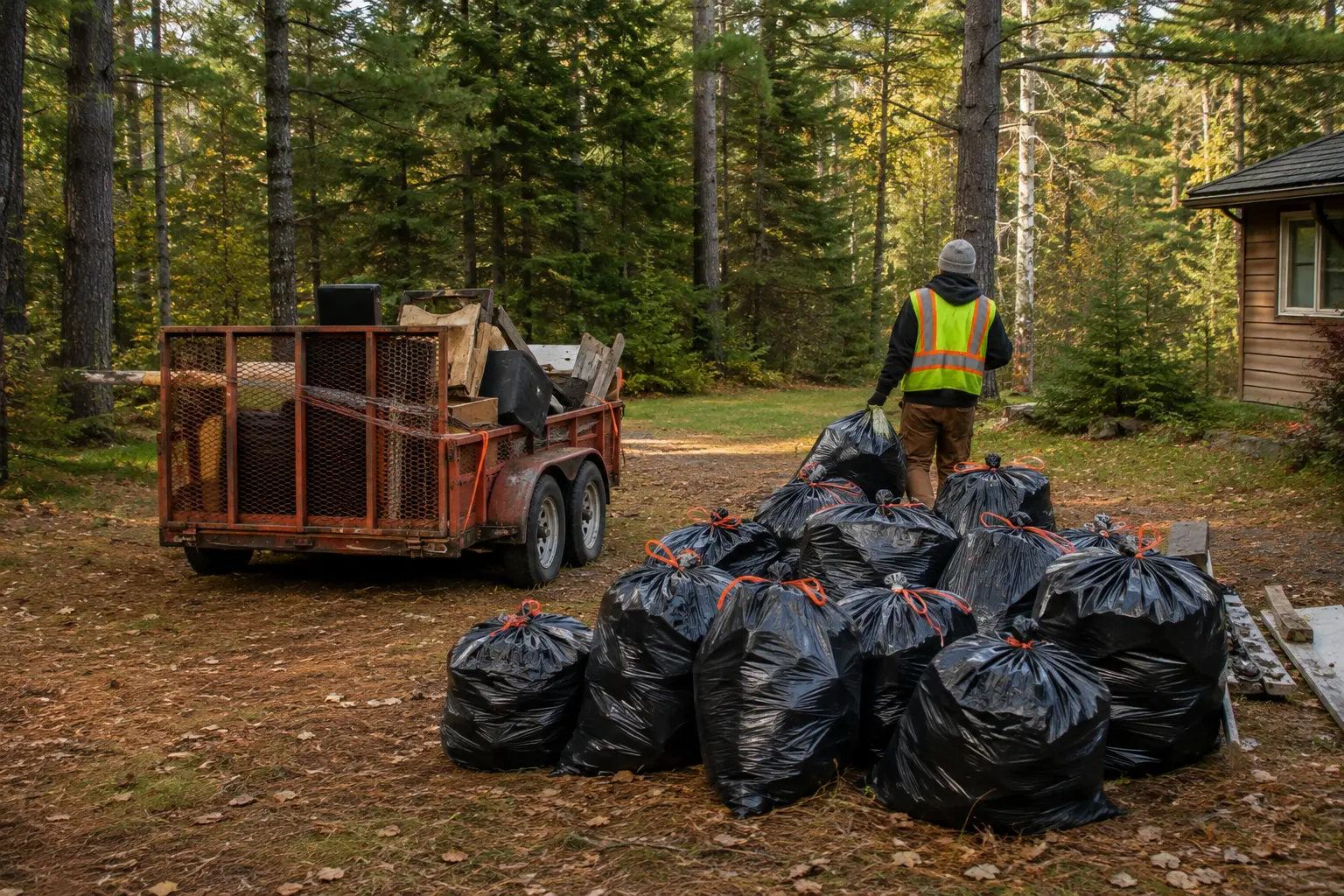 Worker organizing bagged debris beside a utility trailer at a wooded Iron Range property